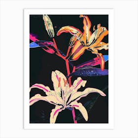 Neon Flowers On Black Lily 2 Art Print