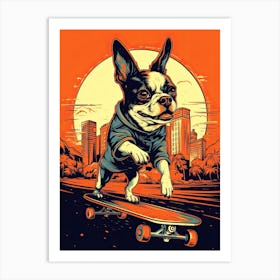 Boston Terrier Dog Skateboarding Illustration 4 Art Print