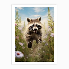 Cute Funny Barbados Raccoon Running On A Field Wild 1 Art Print