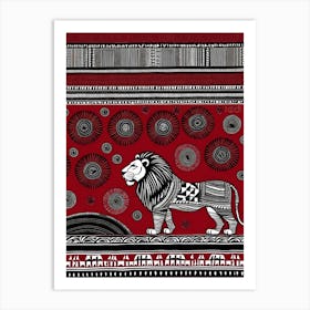 African Quilting Inspired Art of Lion Folk Art, Poetic Red, Black and white Art, 1217 Art Print