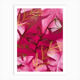 Pink Leaves With Gold Elements Art Print