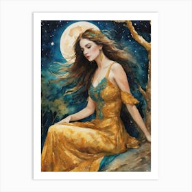 Gold Maiden Moon Goddess - Fairytale Beautiful Woman Under the Moonlight Turquoise Magical Pagan Gallery Feature Wall Pretty Face Dress Flowing Hair Dreamy Dreamscape Celestial Stars HD Art Print