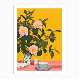 Camelia Flowers On A Table   Contemporary Illustration 2 Art Print