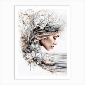 Portrait Of A Woman With Flowers 2 Art Print