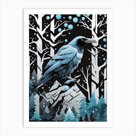 Crow In The Forest 1, Raven In The Forest, crow, crow in forest, crow in dark forest, bird in dark forest, black and grey Art Print