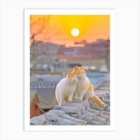 Two Cats On Roof At Sunset Art Print