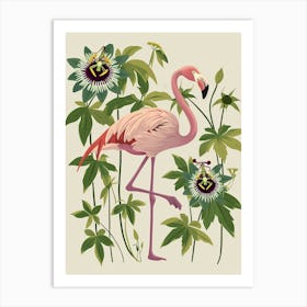 American Flamingo And Passionflowers Minimalist Illustration 3 Art Print