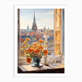 Window View Of Copenhagen Denmark In Autumn Fall, Watercolour 1 Art Print
