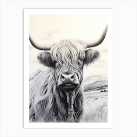 Black & White Watercolour Illustration Of Highland Cow 2 Art Print