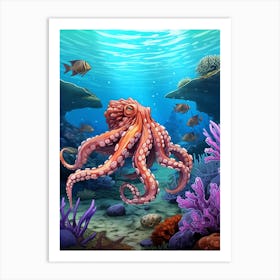 Octopus Exploring Illustration 4 Art Print