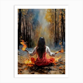Fire Element Witchy Art Print - Witchcraft Wicca Pagan Oil Painting Cottagecore Witchcore Goblincore Fiery Forest Women Empowerment Lady of Fire Summoning Art Print
