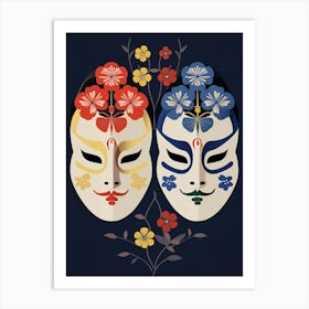 Noh Masks Japanese Style Illustration 11 Art Print