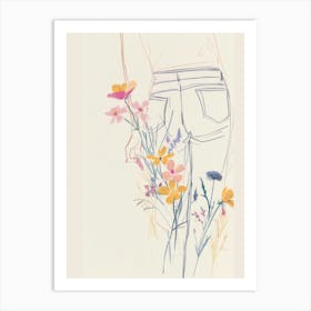 Blue Jeans Line Art Flowers 6 Art Print