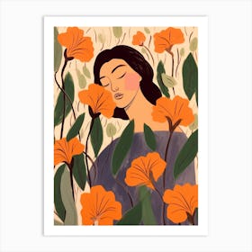 Woman With Autumnal Flowers Morning Glory 2 Art Print