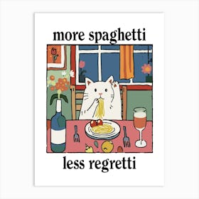 More Spaghetti Less Regretti White Cat Print Retro Diner Poster Cartoon Dining Pasta Posters Italian Kitchen Art Print