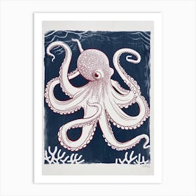 Octopus Linocut Style With Aqua Marine Plants 7 Art Print