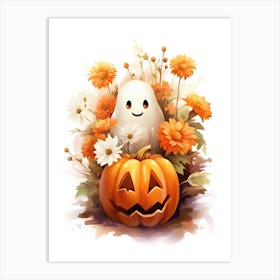 Cute Ghost With Pumpkins Halloween Watercolour 128 Art Print
