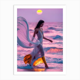 Woman Walking On The Beach At Sunset 1 Art Print