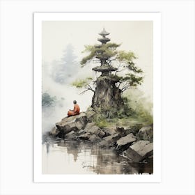 Man Meditating, Japanese Brush Painting, Ukiyo E, Minimal 1 Art Print