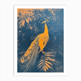 Orange & Blue Cyanotype Inspired Peacock With Tropical Leaves 4 Art Print