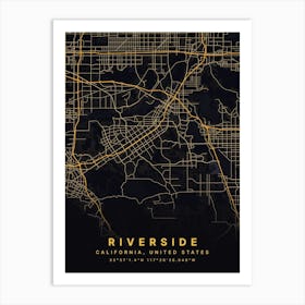 Riverside California USA Black And Gold Map Art Print