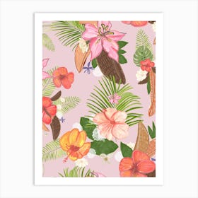 Tropical Watercolor Flowers And Leaves Pattern Art Print