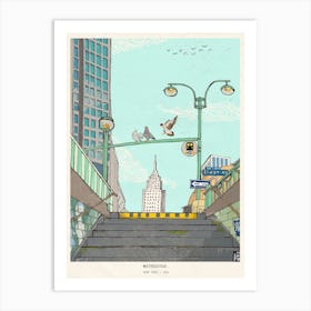 Metro Stop Manhattan NYC Art Print - Whimsical Cityscape Illustration - Colorful New York City Wall Art - Fine Art Home Decor Art Print