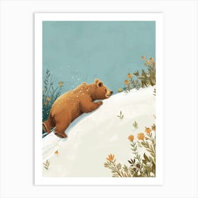 Brown Bear Cub Sliding Down A Snowy Hill Storybook Illustration 3 Art Print