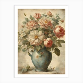Pink Roses In A Blue Vase Art Print