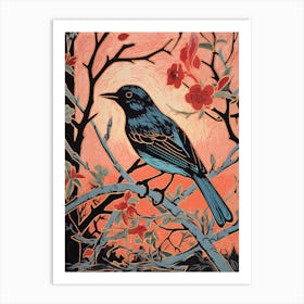 Birds And Branches Linocut Style 7 Art Print
