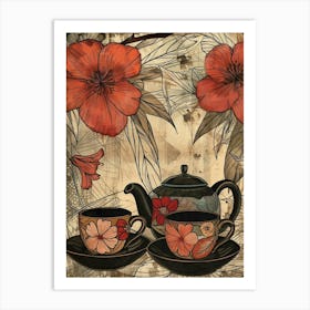 Watercolour Floral Teapot & Cups 3 Art Print