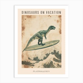 Vintage Plateosaurus Dinosaur On A Surf Board Poster Art Print