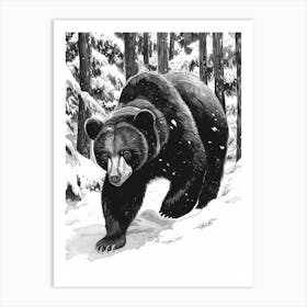 Malayan Sun Bear Walking Through A Snow Covered Forest Ink Illustration 3 Art Print