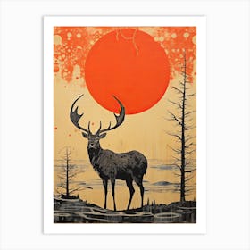 Elk, Woodblock Animal Drawing 2 Art Print