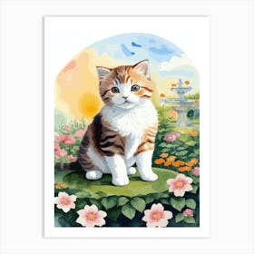 Cute Kitten And Flowers Watercolor 7 Art Print