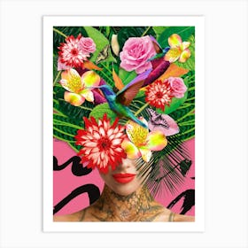 ***Mother Nature Art Print With Humming Bird Flowers And Tattoo In Pink, Portrait of a Woman, Tropical Art Print