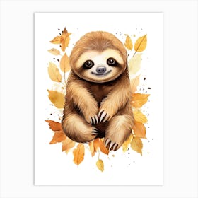 A Sloth Watercolour In Autumn Colours 2 Art Print