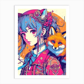 Pretty Anime Girl with Fox 6 Art Print