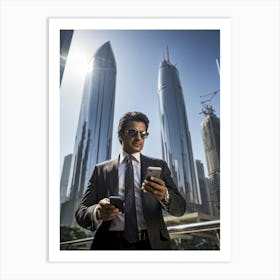 Businessman Engrossed In Galloping Through A Bustling Cityscape Taps Away On His Sleek Smartphone (1) Art Print