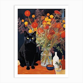 Queen Annes Lace Flower Vase And A Cat, A Painting In The Style Of Matisse 1 Art Print