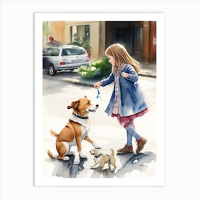 Little Girl Playing With Dogs Art Print