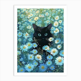 Black Cat In Daisies 1 Art Print