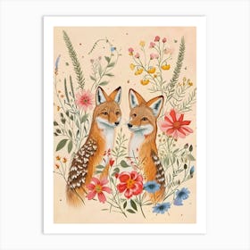 Folksy Floral Animal Drawing Coyote 3 Art Print