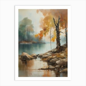 Forest Lake, Autumn Lake, Vintage Oil Painting, Farmhouse Wall Decorations, Antique Landscape, Vintage Landscape Oil Painting.1 Art Print