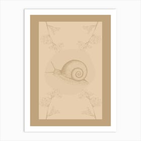 Snail Sketch On A Beige Background With Flowers In The Nature Garden Art Print