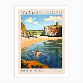 Wild Swimming At Three Cliffs Bay Swansea 2 Poster Art Print