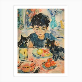 Portrait Of A Boy With Cats Having Dinner 4 Art Print