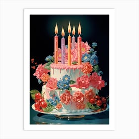 Birthday Cake & Candles Vintage Cookbook Style Art Print