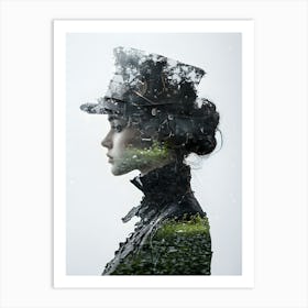 Double Exposure Of A Black And White Steampunk Woman and greenery. Art Print