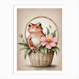 Cute Pink Frog In A Floral Basket (19) Art Print